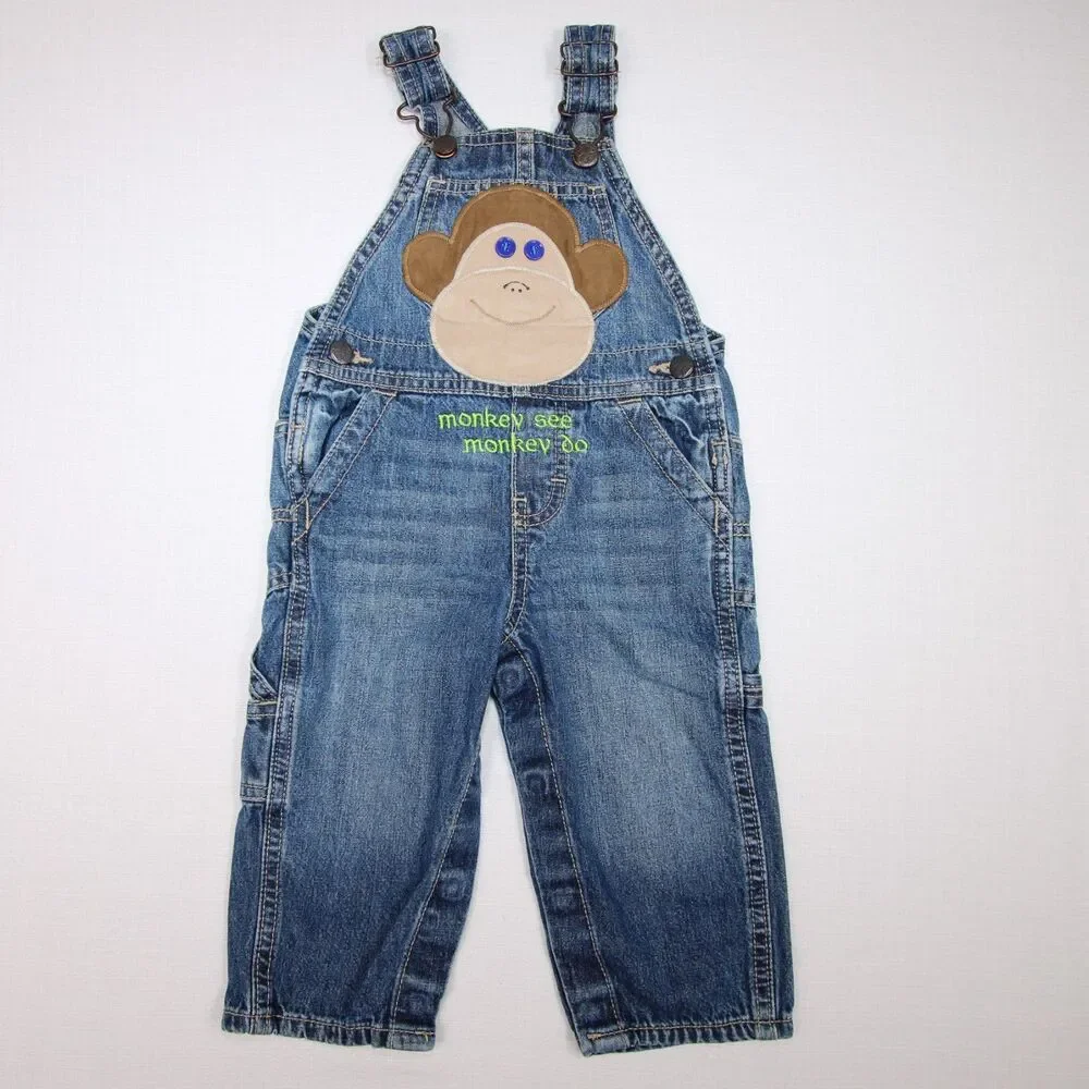 OshKosh B'Gosh Baby Boy Size 12 Months Monkey See Monkey Do Blue Denim Overalls